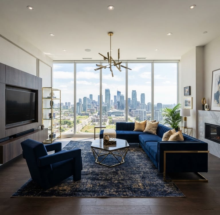 Wide-angle view of a luxurious, light-filled modern living room with geometric furniture and a view of Vaughan skyline, premium architectural photography, bright natural daylight.