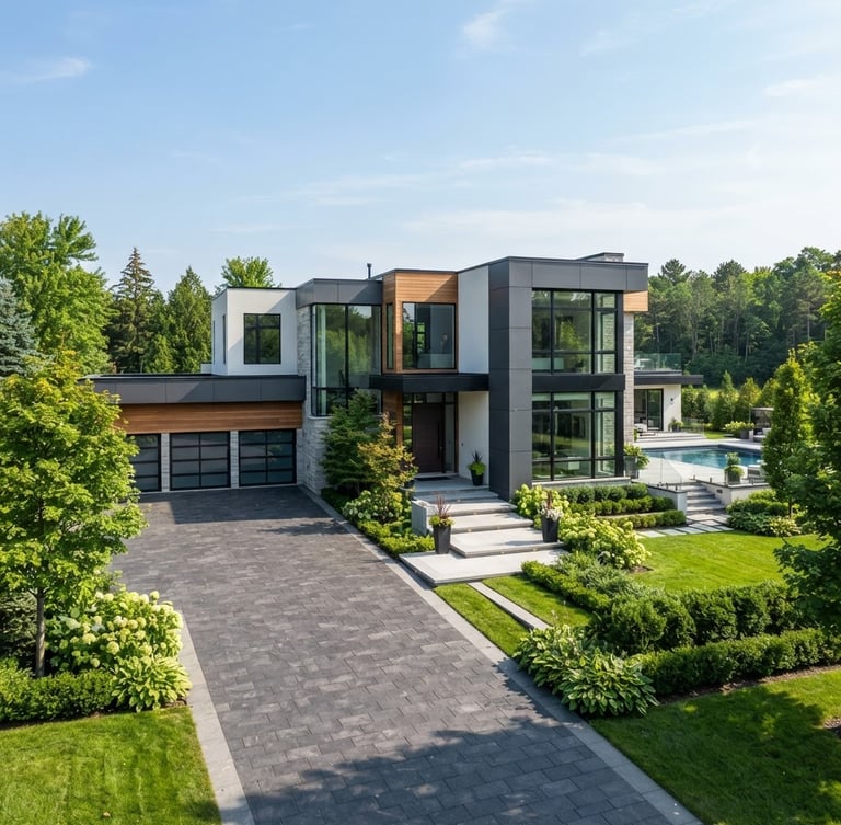 Modern luxury home exterior in Vaughan, clean lines, large windows, manicured landscaping, bright natural daylight, wide-angle lens, premium architectural photography