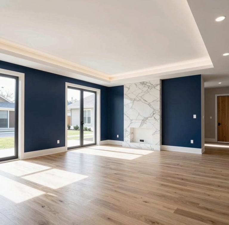 Wide-angle interior architectural shot of a modern luxury home in Vaughan, clean lines, natural light, premium materials like marble and oak visible.