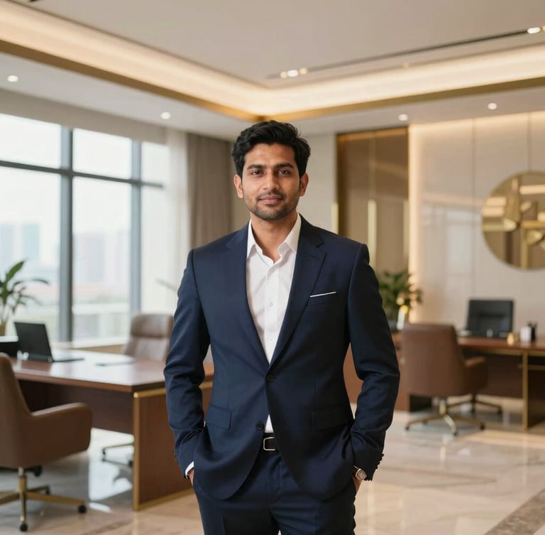 Professional portrait of Tanmay Rao, a confident and approachable real estate advisor, in a modern, well-lit office setting, looking directly at the camera. Soft, natural light.