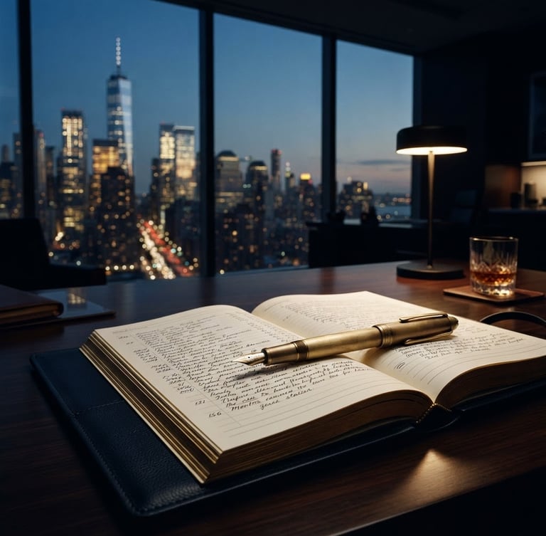 Wide panoramic view of a modern financial district at dusk, with a focus on a brushed gold fountain pen resting on a dark, high-quality ledger, low-key dramatic interior lighting, deep shadows and warm highlights.