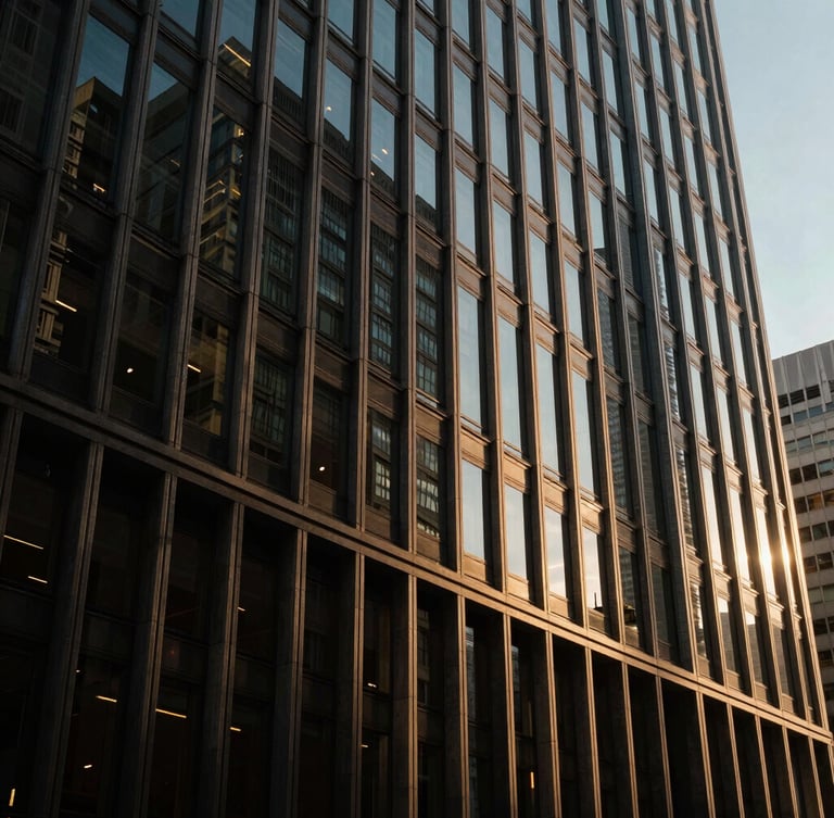 Wide architectural shot of a modern financial district building facade, focusing on geometric patterns of glass and steel, dramatic shadows and warm highlights from a low sun, editorial corporate photography, deep navy and warm gold tones.