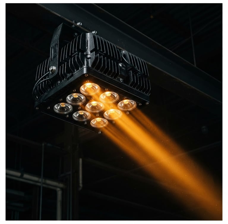 Macro product shot of a heavy-duty industrial LED high-bay fixture, focusing on the black anodized aluminum heat sink and precision optical lenses, dramatic amber directional light beam cutting through darkness, medium format