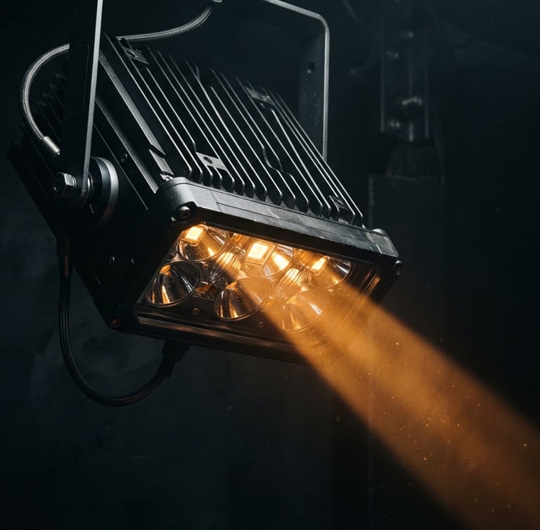 Close-up studio shot of a high-power industrial LED fixture, clear focus on aluminum heat sink fins and precision optical lenses, dramatic amber directional light beam cutting through dark atmosphere, medium format.