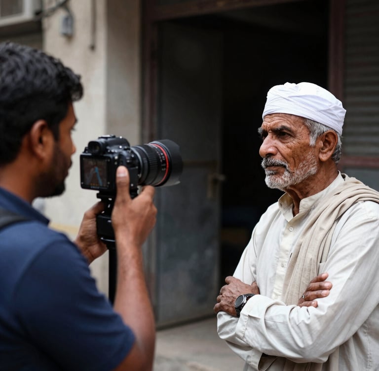 A sharp, high-contrast documentary photo of a local journalist interviewing a resident near Albert Ekka Chowk, natural daylight, 35mm lens.