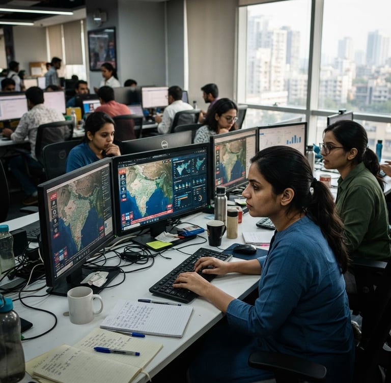 A sharp documentary-style photograph of a modern digital newsroom in India, journalists working at desks with monitors showing local news maps, natural window light, high contrast