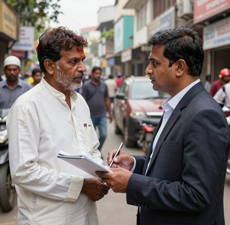 A professional Indian journalist holding a notepad, interviewing a local resident on a busy Ranchi street, editorial photojournalism, natural lighting