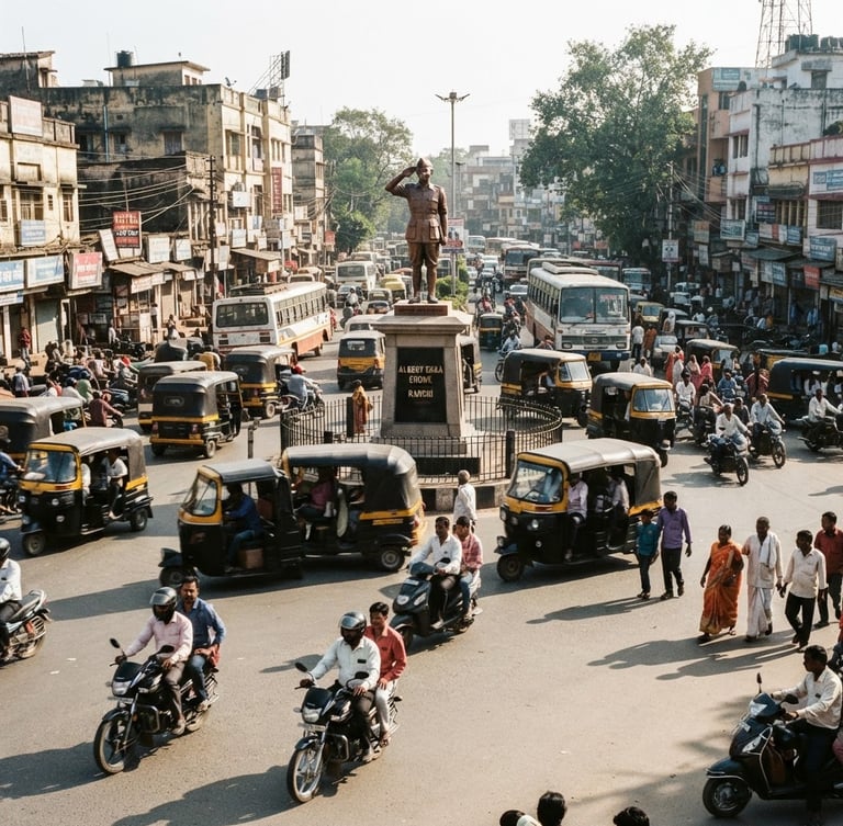 Editorial photojournalism of Albert Ekka Chowk in Ranchi during morning hours, local traffic moving, high contrast, natural daylight