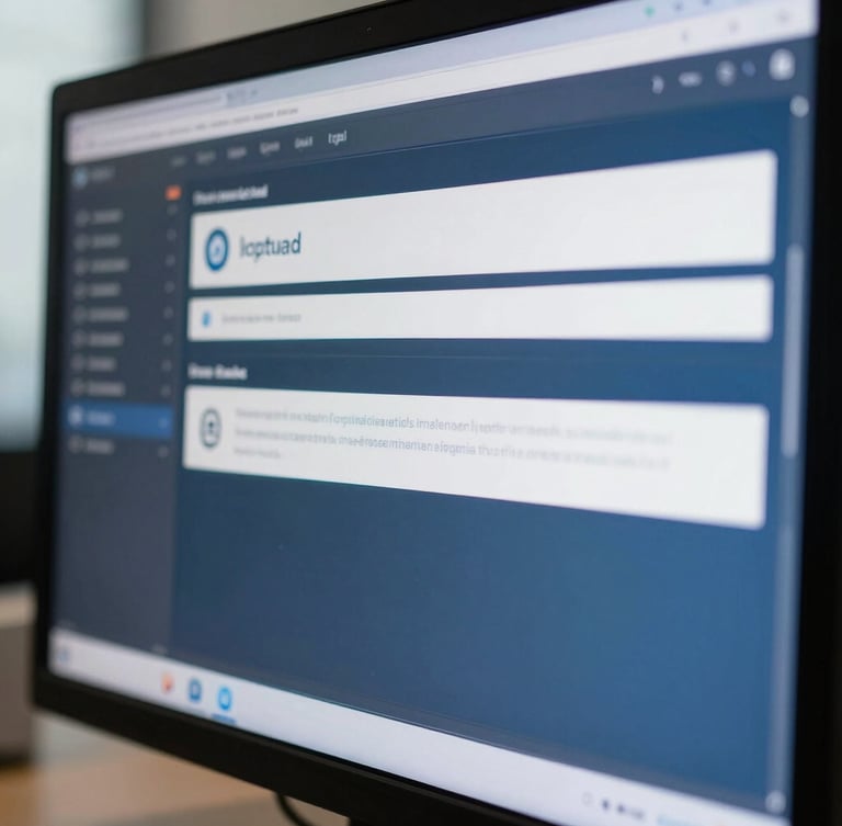 Macro shot of a secure, encrypted digital interface on a modern monitor, reflecting crisp office lighting, deep blue and cool white tones.