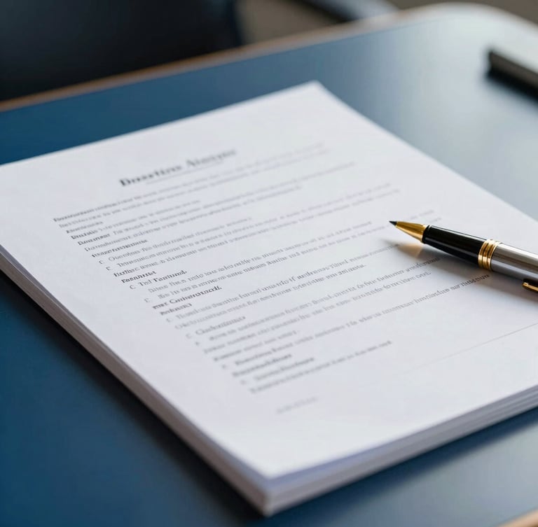 Macro detail of a pristine, open legal document on a polished desk, precise typography, a gold pen resting beside it, sharp architectural office lighting, deep blue and cool white tones.