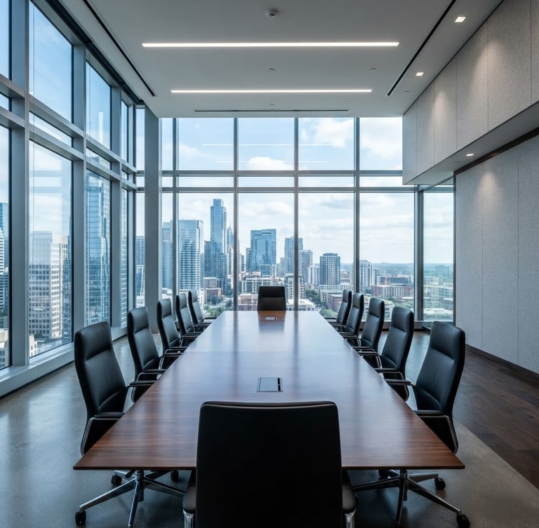 Wide shot of a modern, empty corporate boardroom with sharp architectural lines, cool-toned daylight streaming through large windows, a single polished conference table, pristine, high-contrast corporate photography.