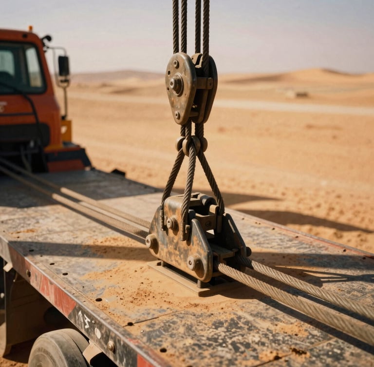 Close-up of heavy-duty industrial rigging and steel cables securing cargo on a transport flatbed, harsh desert sun, high-contrast shadows, warm ochre dust in the air, 35mm film.