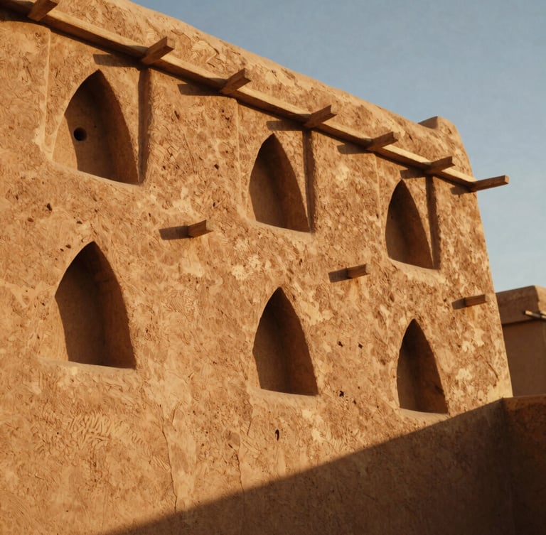 Close-up of traditional Najdi mudbrick architecture showing geometric triangular cutouts, warm clay textures, casting deep shadows in the harsh afternoon sun, architectural detail, 35mm film.
