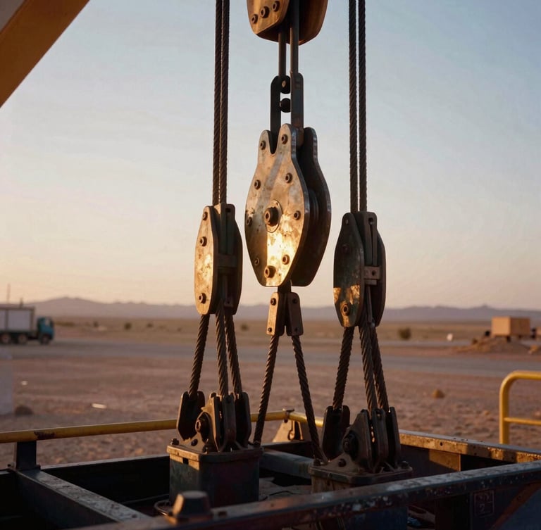 Close-up of heavy industrial rigging and steel cables on a transport vehicle, warm golden-hour light reflecting off metal surfaces, desert background, 35mm film.