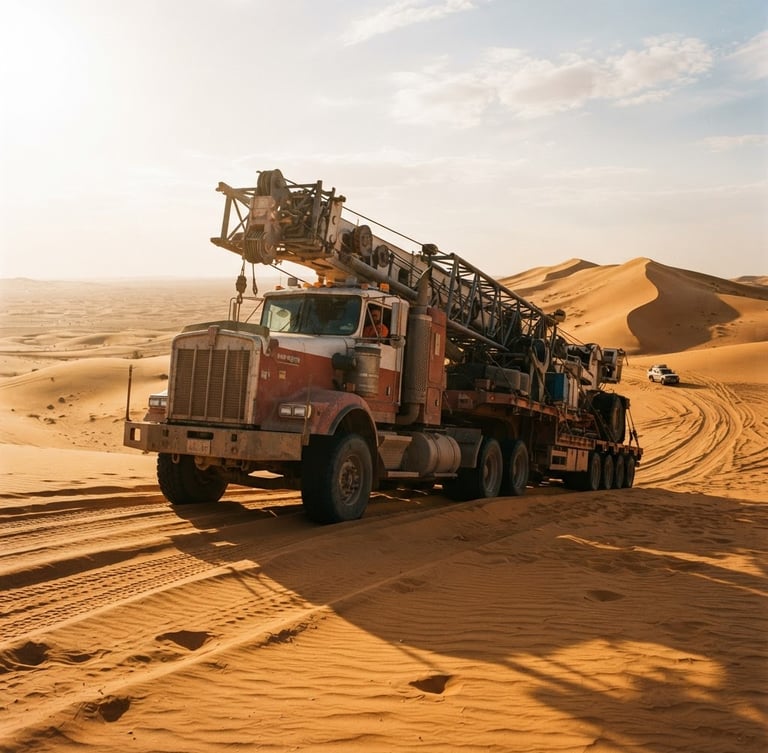 Low-angle heroic shot of a heavy-duty transport truck carrying industrial rigging across the golden sand dunes of Saudi Arabia, harsh desert sun casting sharp geometric shadows, warm clay and ochre tones, 35mm film.