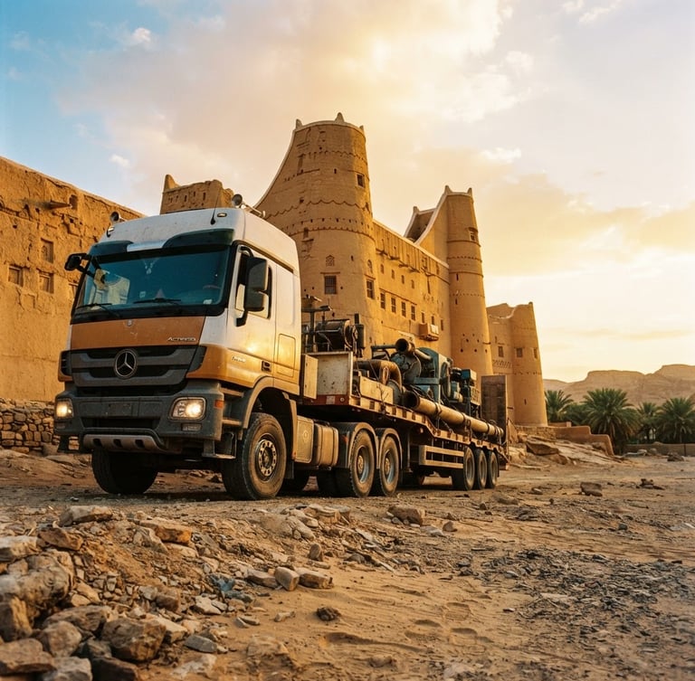 Low-angle heroic shot of an industrial transport fleet truck beside the historic clay towers of Diriyah, warm golden hour light, rich ochre and sand tones, 35mm film.