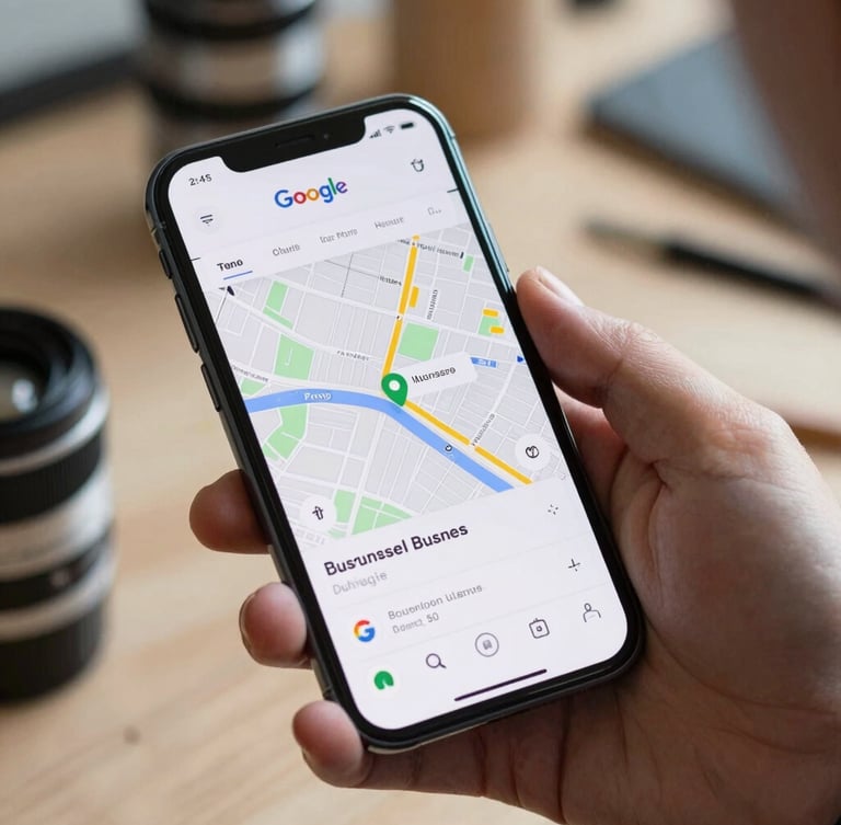 Close-up of a smartphone displaying a localized Google Maps business profile with high-key natural daylight, held by a professional in a workshop.