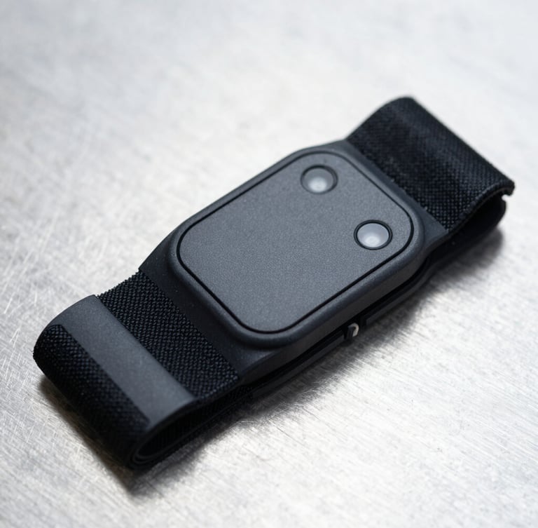 A high-performance heart rate strap resting on a clean metallic testing surface, showing the precise sensor connection snaps, crisp industrial lighting, cool tones
