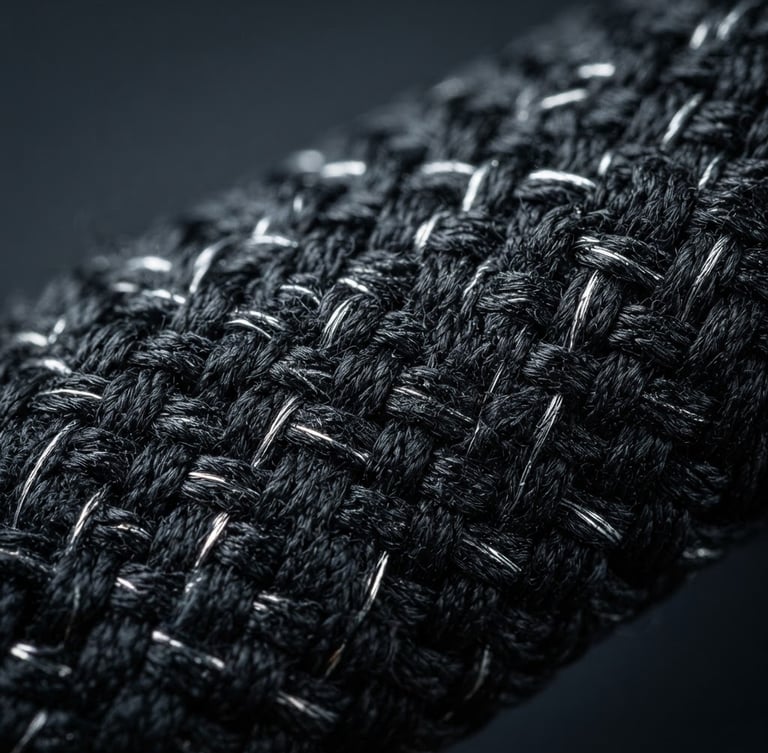 Crisp industrial studio photography, macro lens showing high-density black elastic weave with integrated conductive yarn, sharp cool lighting, 35mm
