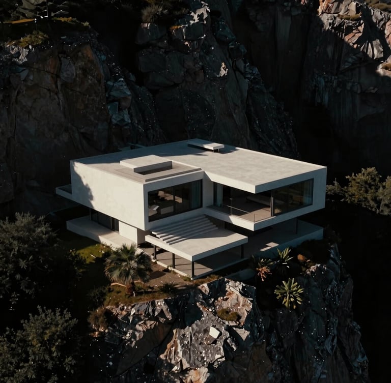 Cinematic low-angle drone perspective of a minimalist luxury villa overlooking cliffs, high-contrast chiaroscuro lighting, sharp architectural lines, deep shadows.
