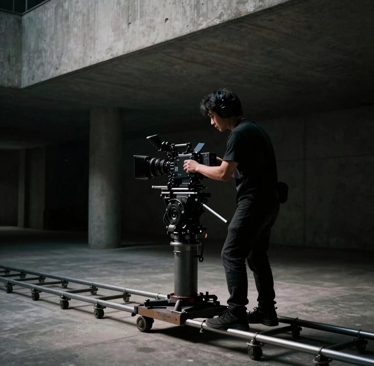 Extreme wide cinematic shot, high-contrast low-key lighting, a camera operator adjusting a high-end cinema lens on a dolly track inside a modern concrete architectural space, deep shadows, 35mm film.