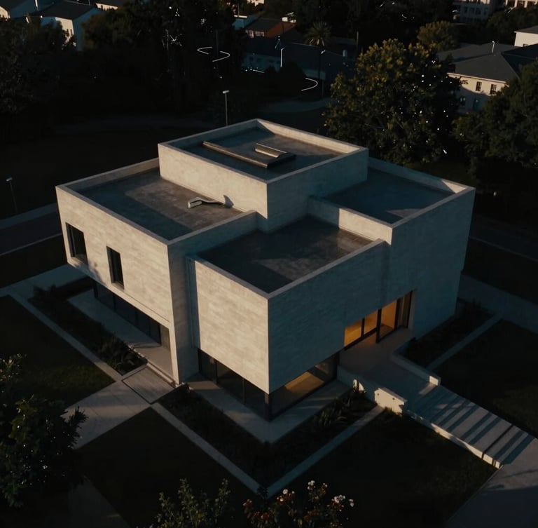 Low-angle drone perspective showing geometric symmetry of a brutalist luxury villa at twilight, high-contrast chiaroscuro, deep shadows, cinematic film photography.