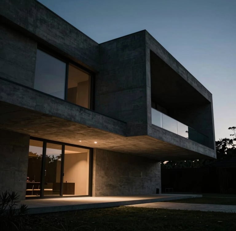 Extreme wide cinematic shot of a modern architectural concrete villa at twilight, low-angle perspective, dramatic chiaroscuro lighting, anamorphic lens feel