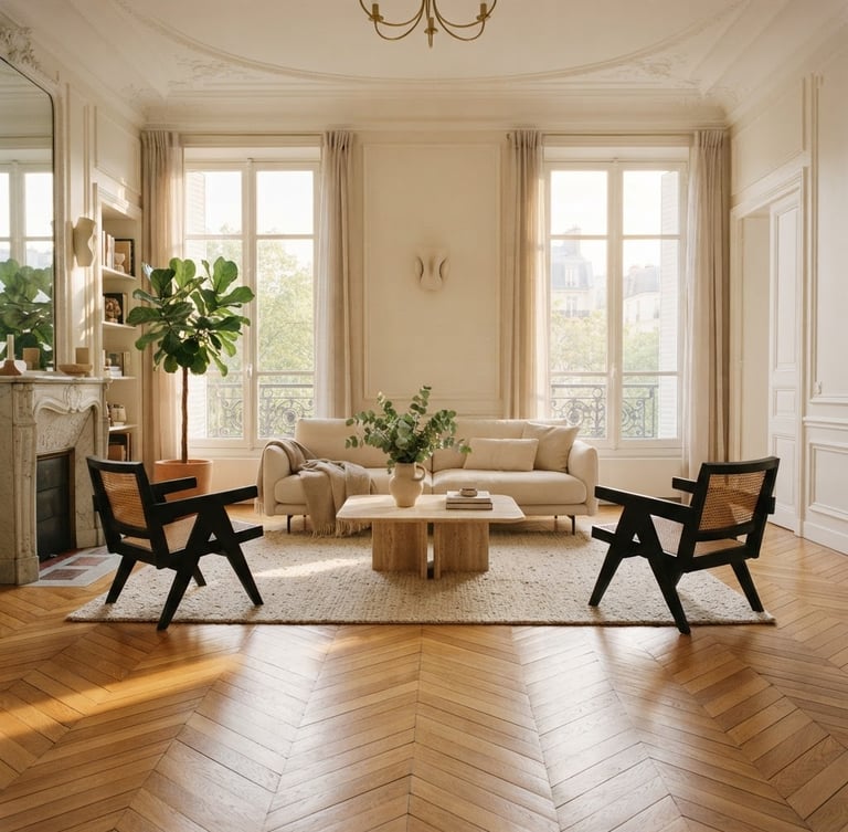 Architectural straight-on shot of a bright Parisian apartment living room, sunlit herringbone parquet floors, minimalist luxury furniture, soft morning golden-hour light streaming through tall windows, 35mm