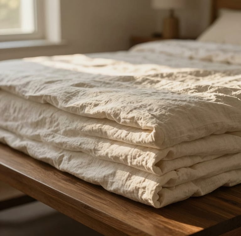 Tactile close-up of crisp, neatly folded organic linen sheets resting on a dark oak bench, soft golden-hour light, warm editorial interior photography, 35mm