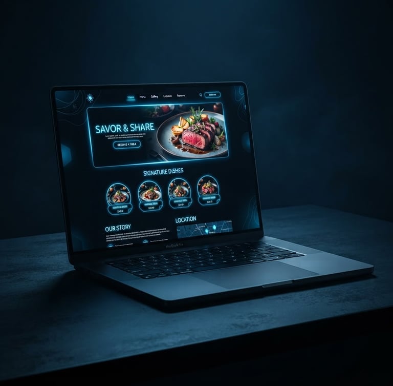 Sleek dark-studio shot of a laptop displaying a polished local restaurant website, screen glowing with electric blue UI highlights, angled slightly left on a dark matte surface, tight editorial framing, high-contrast modern tones