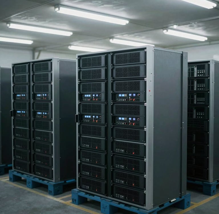 Industrial processing facility with organized pallets of server racks under cool fluorescent lighting, desaturated metallic tones, sharp focus, 35mm