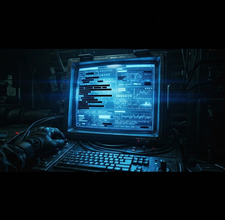 Wide panoramic view of a high-contrast terminal screen displaying complex, heavily redacted data, with harsh blue terminal glow and deep shadows, viewed through a 35mm anamorphic lens, tactical aesthetic.