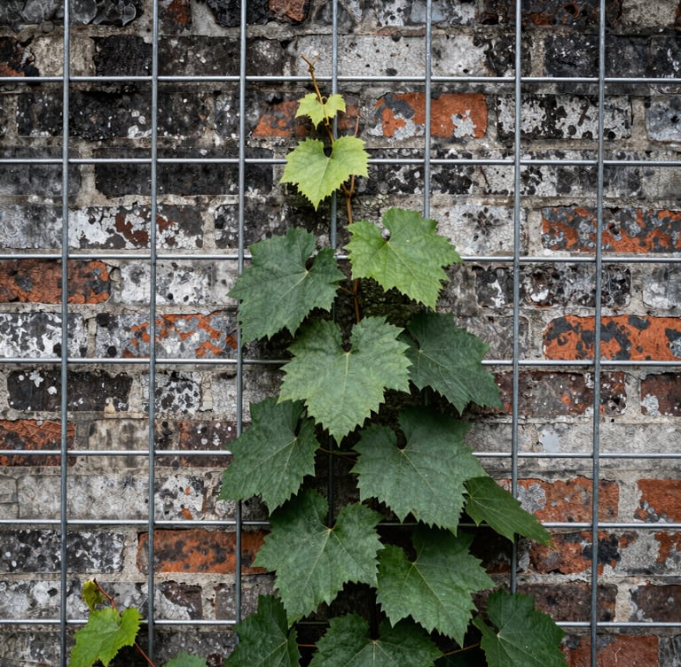 Close-up of thick green grapevines climbing a stainless steel wire trellis on a weathered brick wall, hard overcast daylight, gritty industrial photography, sharp focus, 35mm lens
