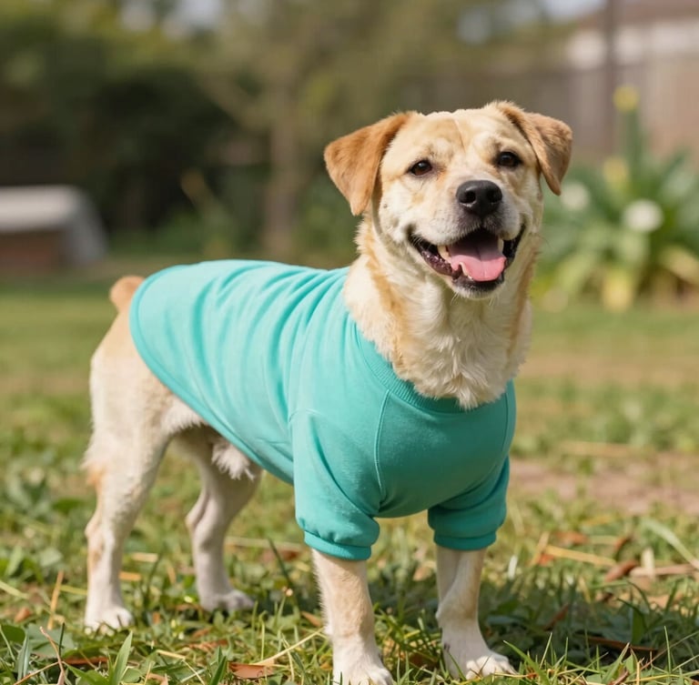 A happy, relaxed dog wearing a soft custom-fit teal shirt, playing in a sunny garden, warm lifestyle photography, bright natural daylight, vibrant joyful tones, shallow depth of field, eye-level pet portrait, 35mm