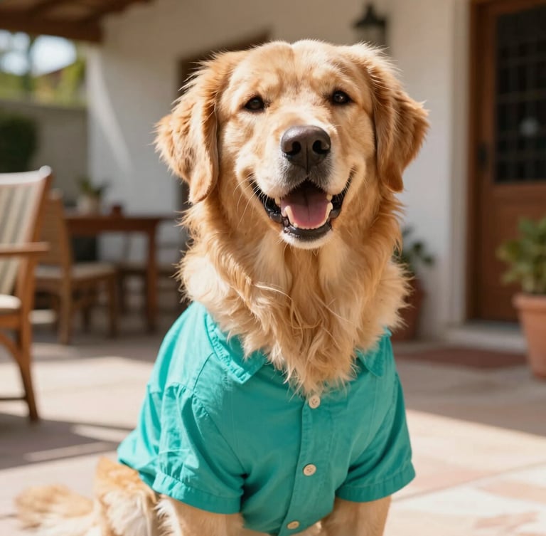 Eye-level portrait of a happy golden retriever wearing a vibrant teal summer shirt, sitting in a sunlit Mexican patio, warm natural light, shallow depth of field, 35mm