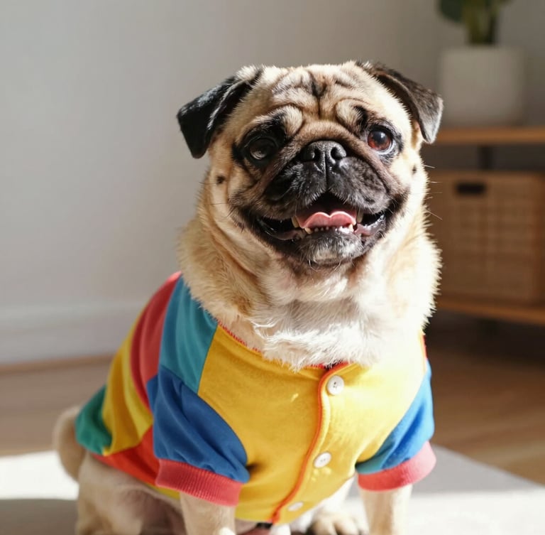 A warm eye-level portrait of a happy, chubby pug wearing a perfectly fitted colorful handmade shirt, soft natural daylight, cozy home background, 35mm