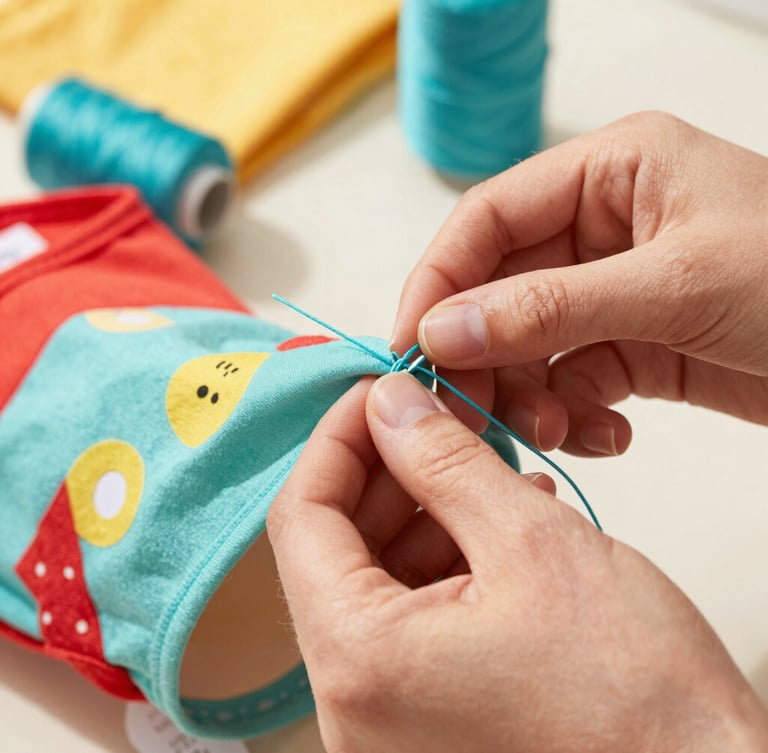 Close-up of hands carefully sewing a tiny colorful pet shirt with bright teal thread, fabrics scattered around, warm lifestyle photography, bright natural daylight, shallow depth of field, 35mm