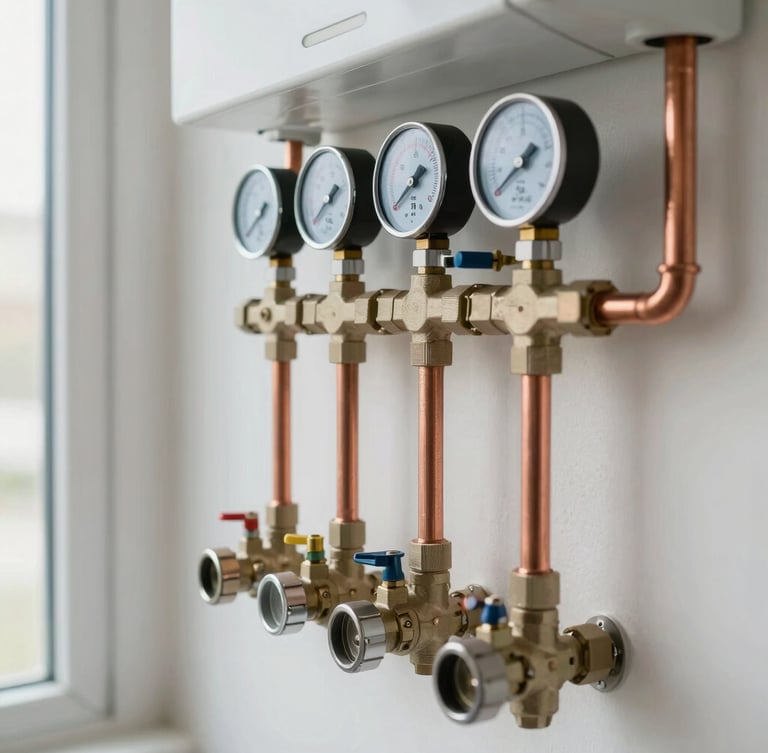 Clean and precise copper pipe installation on a utility room wall, neatly arranged valves and pressure meters, bright natural indoor light, authentic editorial photography