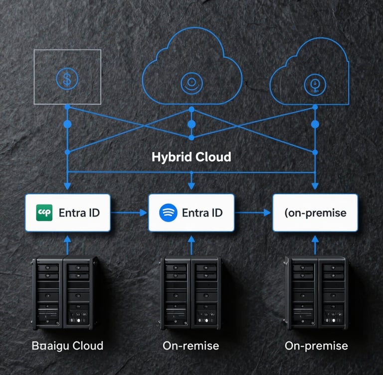 Straight-on technical diagram of a hybrid cloud architecture, clean blue blueprint lines on a dark slate background, showing secure virtual networks, Entra ID, and on-premise server connections.