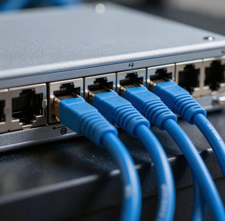Straight-on architectural macro shot of a physical network switch with clean blueprint-blue ethernet cables plugged in, cool technical lighting, shallow depth of field.