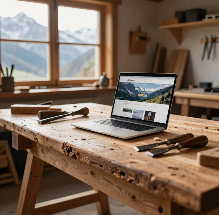 A rugged wooden workbench in a bright alpine carpenter workshop, a modern laptop displaying a clean website layout sits next to traditional hand chisels, morning mountain light streaming through the window.