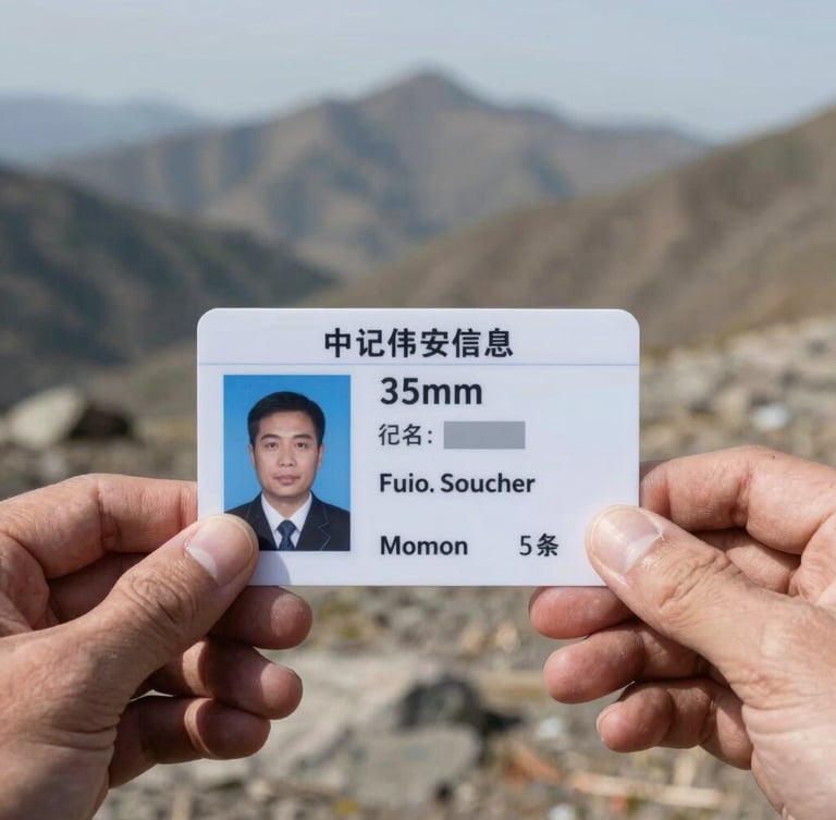 Sharp macro shot of a physical medical-technical credential card held by an instructor in rugged mountain terrain, crisp natural daylight, cool desaturated tones, 35mm lens, sharp focus