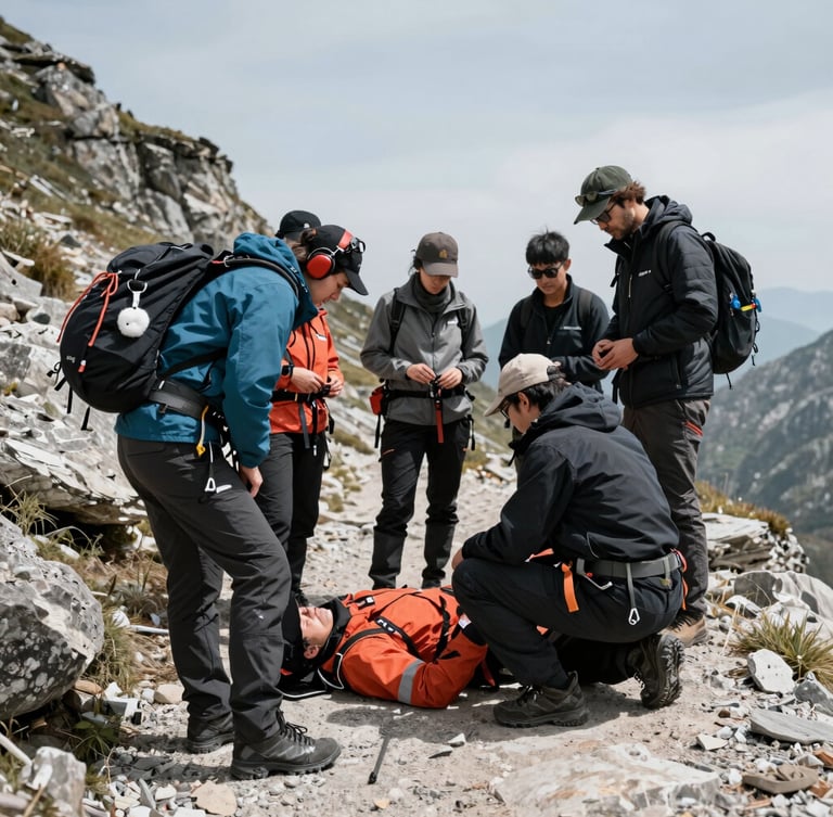 Instructors demonstrating wilderness first aid protocols on a mountain trail, technical gear visible, cool desaturated tones, 35mm lens