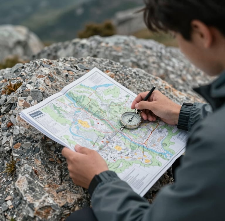Student analyzing a topographical map with a compass on a rugged rock in high-altitude terrain, crisp daylight, documentary style.