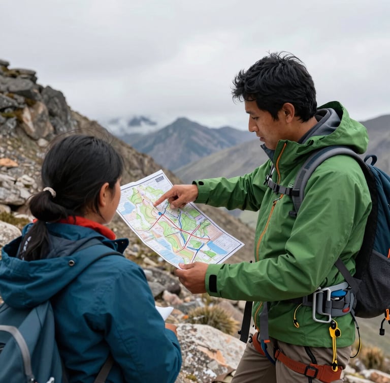 Overcast daylight, a mountain guide in a technical green jacket pointing at a topographic map held with a student, rugged Mexican high-altitude terrain, sharp focus, documentary style.