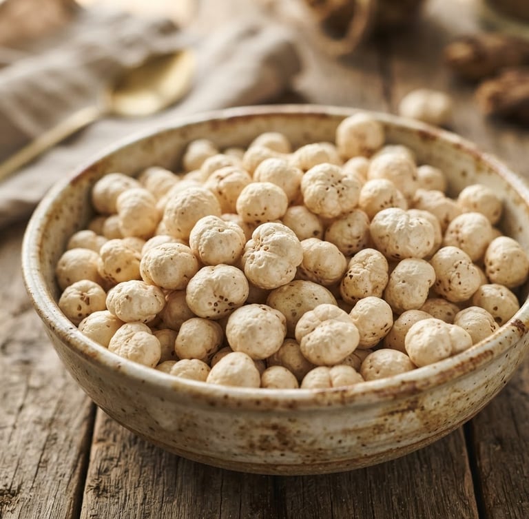Close-up of raw makhana (fox nuts) in an elegant ceramic bowl, soft natural morning light, beige and earthy brown tones, shallow depth of field, 35mm