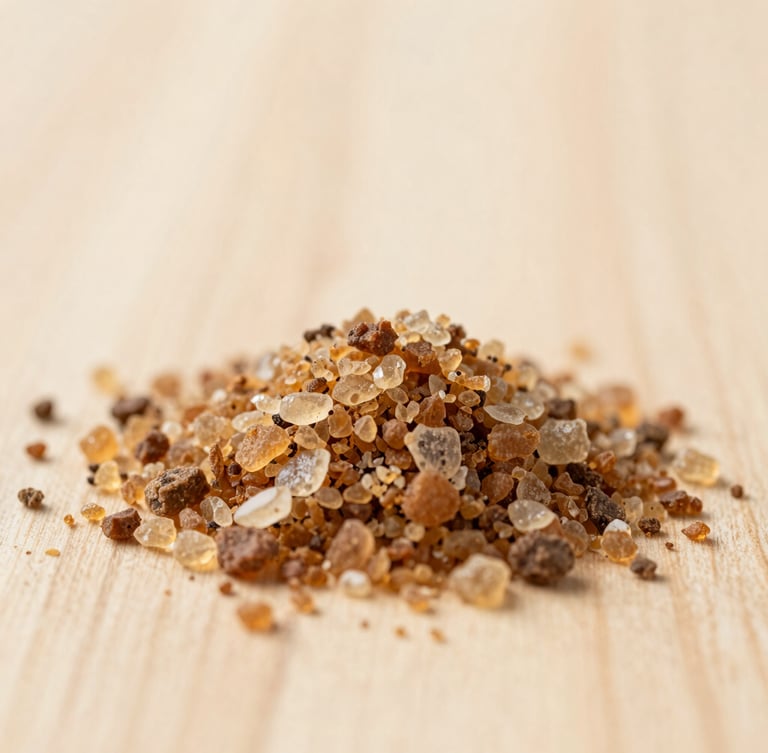 Close-up of sendha namak crystals on a light wooden surface, soft natural morning light, beige and earthy brown tones, shallow depth of field, 35mm
