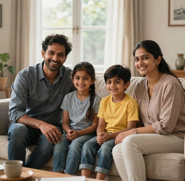 Warm editorial photography of a happy Indian family sitting together on a comfortable sofa in their well-lit living room, soft natural daylight filtering through a window, authentic and hopeful expressions.