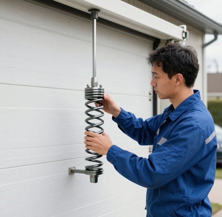 A safety-certified technician in a clean uniform examining heavy-duty steel torsion springs on a garage door, bright natural daylight, clean realistic colors, 35mm photography.