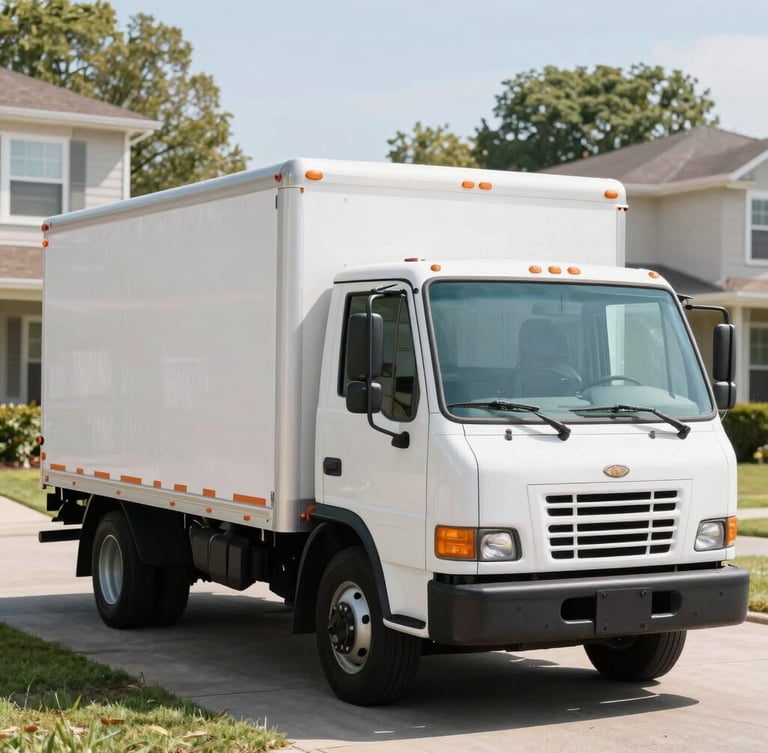 A professional service truck parked in a suburban residential driveway, bright natural daylight, clean realistic colors, 35mm photography.